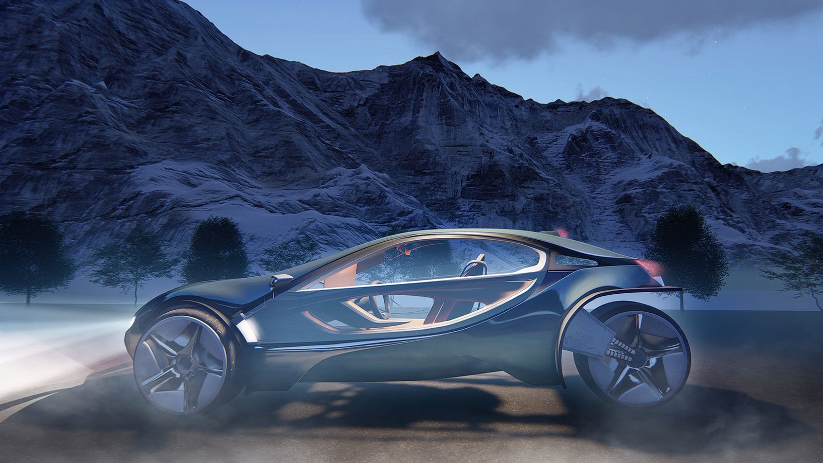 The Nightshade electric vehicle concept on a mountain road at dusk
